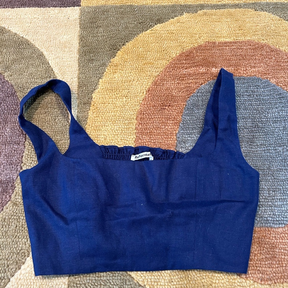 NWOT Reformation Dark Blue 100% Linen Very Short Crop Tank Top Smocked Back 0